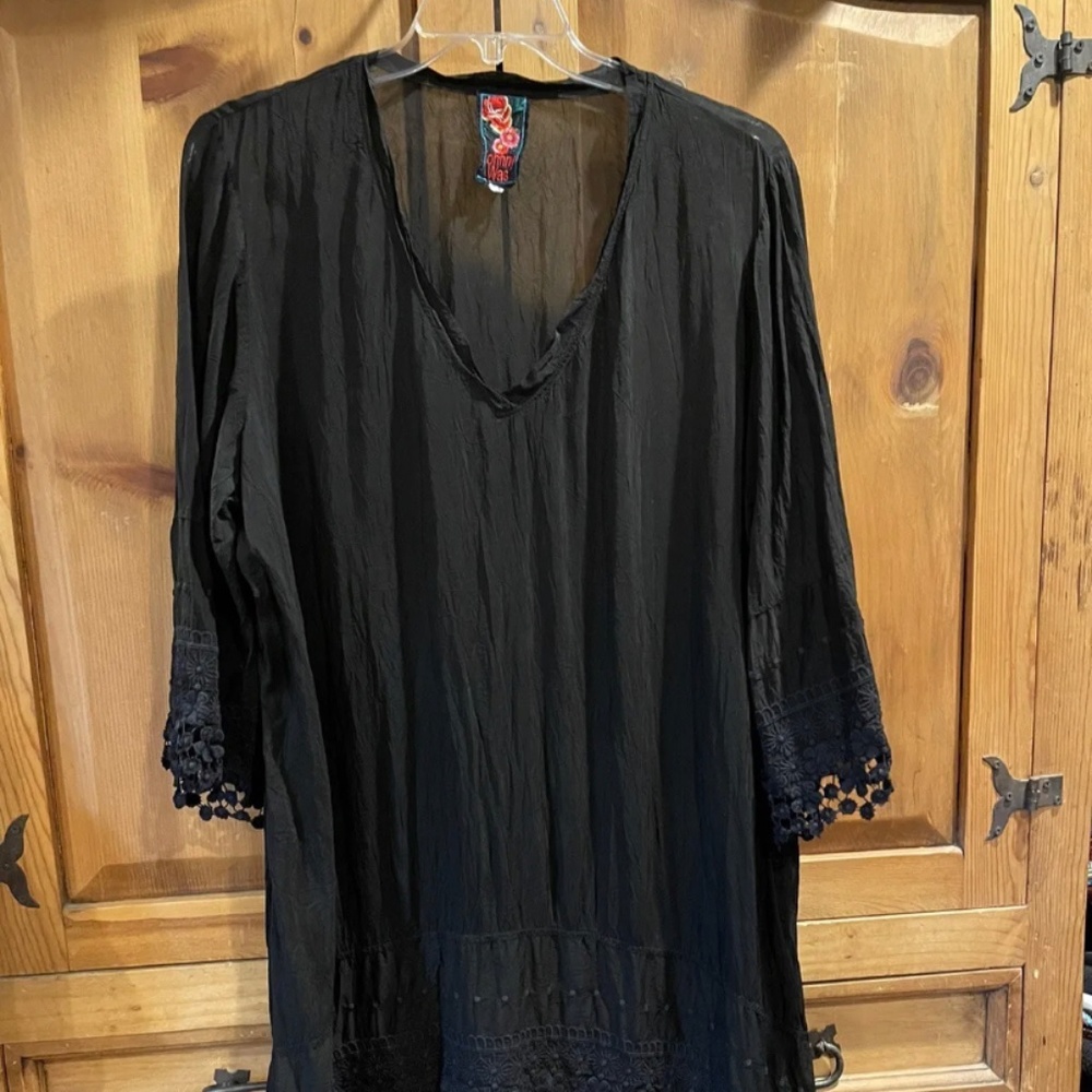 Johnny Was Black Flattering Low V-Neck Go-To Tunic Dress Lace Trim 2X